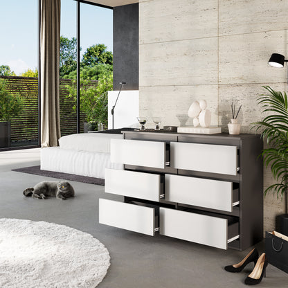 GABRIEL - Commode 6 Tiroirs - Buffet de Chevet - H71 cm L100 cm P33 cm (Anthracite / Blanc Matt)