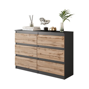 GABRIEL - Commode 6 Tiroirs - Buffet de Chevet - H71 cm L100 cm P33 cm (Anthracite / Chêne Wotan)