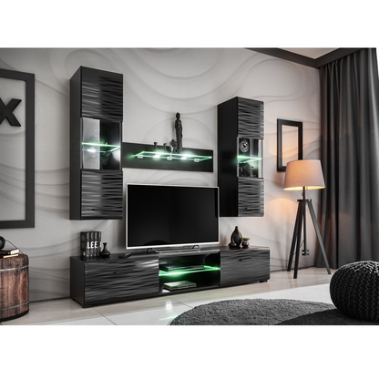 Unité Murale TV BLADE MINI - Ensemble de Meubles TV / Ensemble de Meubles de Salon - Noir Matt / Sahara 3D