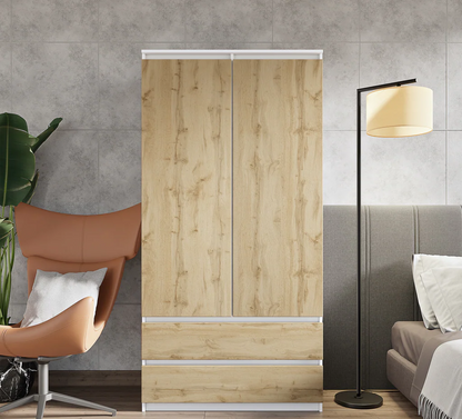 JOELLE - Armoire 2 Portes avec 2 Tiroirs - Blanc Matt / Chêne Wotan H180cm L90cm P50cm