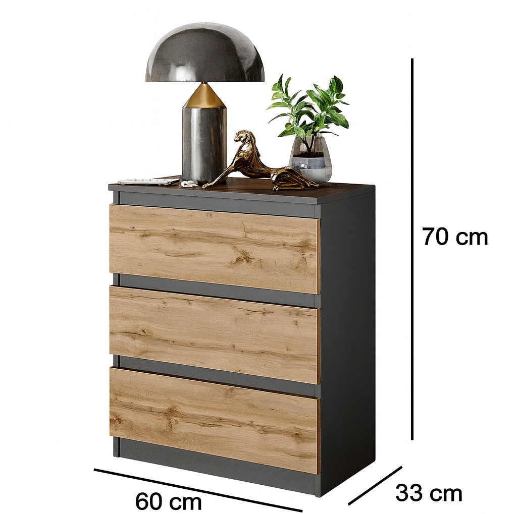 GABRIEL - Commode / Table de Chevet - 3 Tiroirs –  Anthracite / Chêne Wotan – H72cm L60cm P33cm