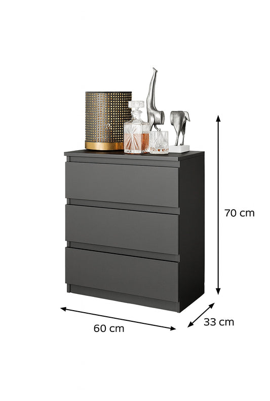 GABRIEL - Commode / Table de Chevet - 3 Tiroirs –  Anthracite – H72cm L60cm P33cm