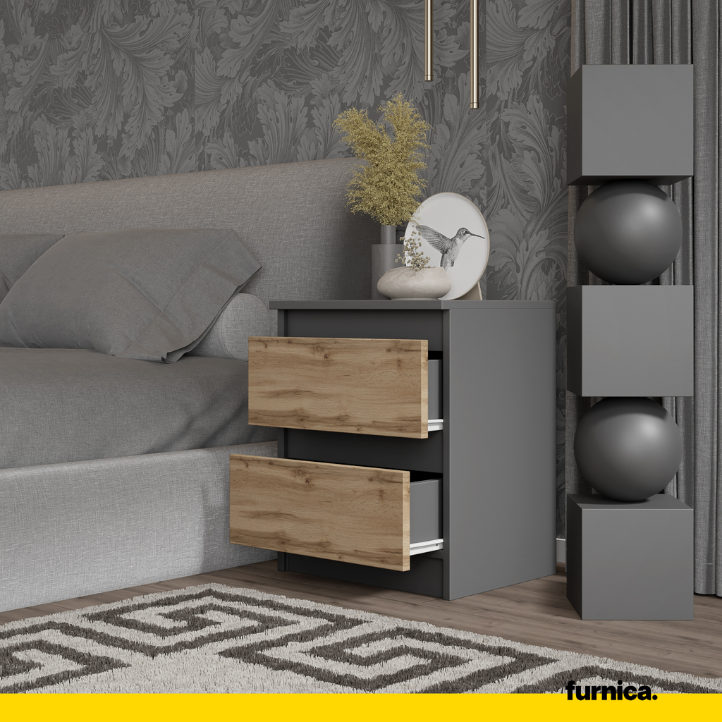 GABRIEL BIG - 2x Table de Chevet - Table de Nuit - 2 Tiroirs - H50cm L41cm P33cm - Anthracite / Chêne Wotan