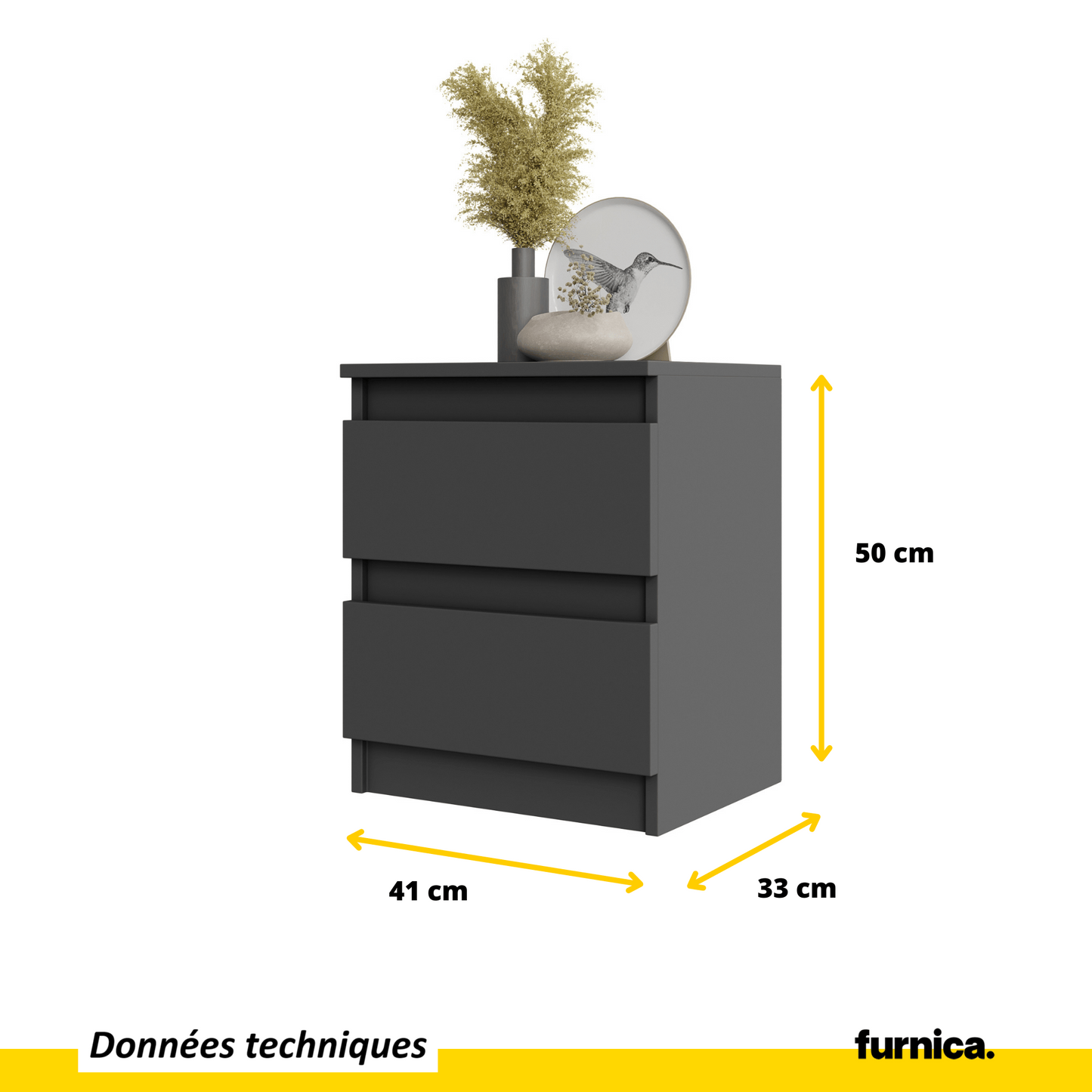GABRIEL BIG - 2x Table de Chevet - Table de Nuit - 2 Tiroirs - H50cm L41cm P33cm - Anthracite