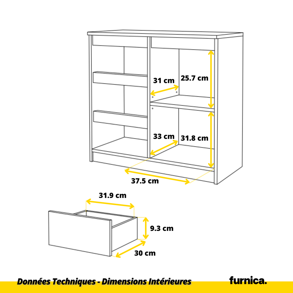 MIKEL - Commode 3 Tiroirs et 1 Porte - Armoire de Rangement pour Couloir/Chambre à Coucher - Buffet - H75cm L80cm P35cm (Chêne Sonoma/Noir Brillant)