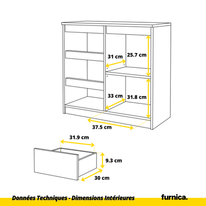 MIKEL - Commode 3 Tiroirs et 1 Porte - Armoire de Rangement pour Couloir / Chambre à Coucher - Buffet - H75cm L80cm P35cm (Chêne Wotan / Blanc)