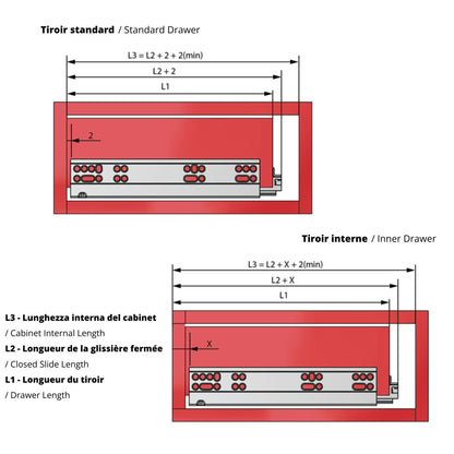 Ensemble de glissières dissimulée à fermeture silencieuse (gauche et droite), extension complète 350mm