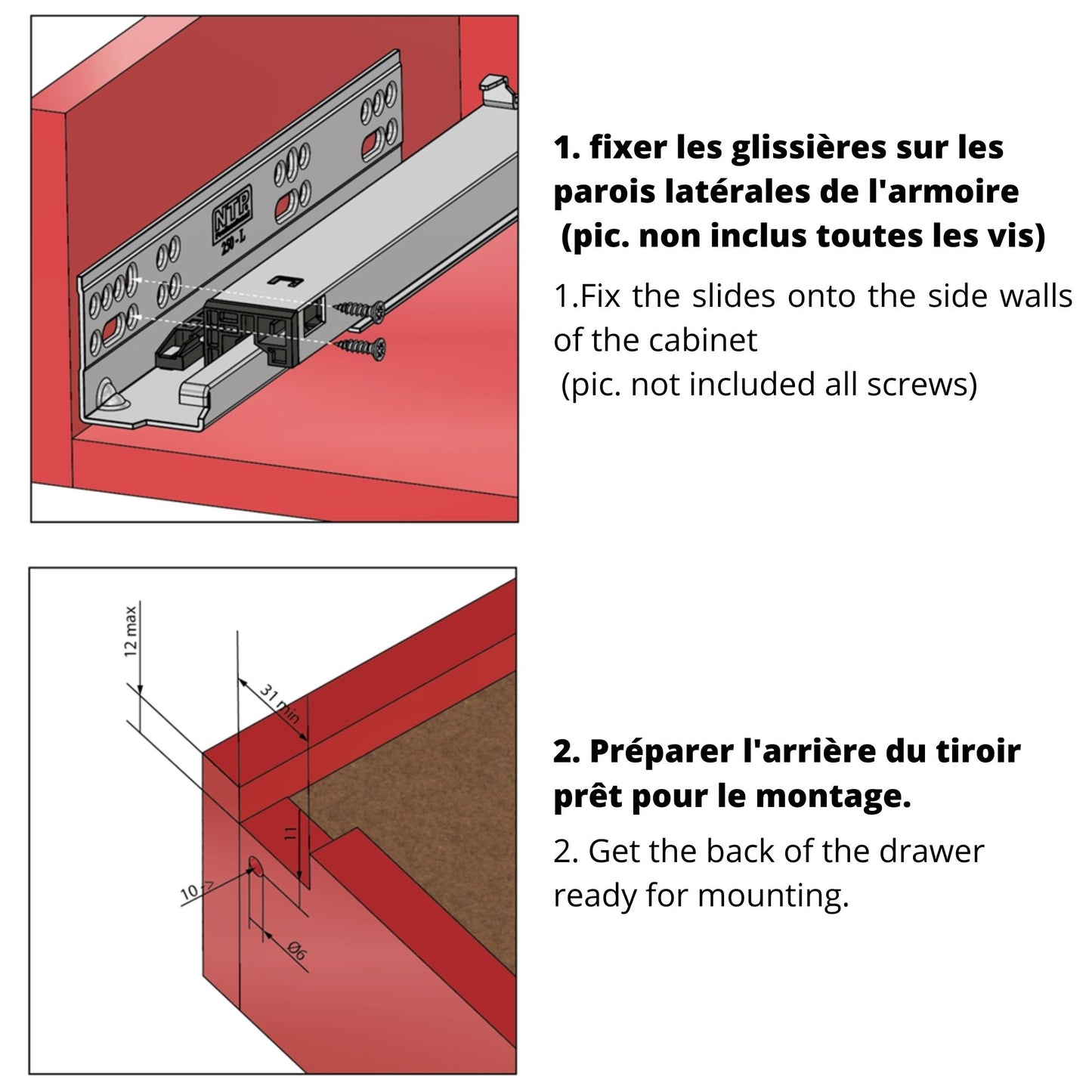 Ensemble de glissières dissimulée à fermeture silencieuse (gauche et droite), extension complète 350mm
