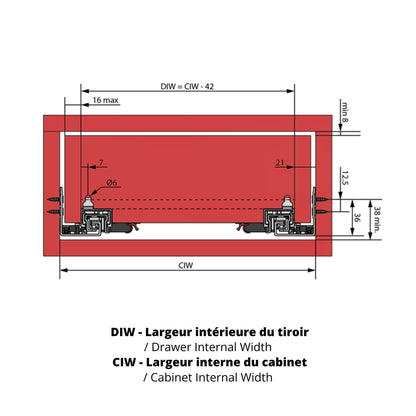 Ensemble de glissières dissimulée à fermeture silencieuse (gauche et droite), extension complète 400mm