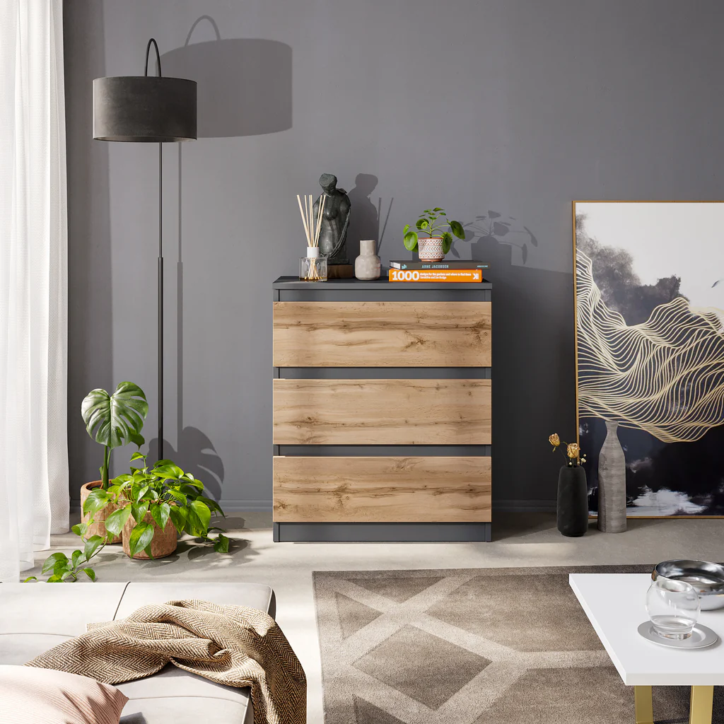 GABRIEL - Commode / Table de Chevet - 3 Tiroirs –  Anthracite / Chêne Wotan – H72cm L60cm P33cm