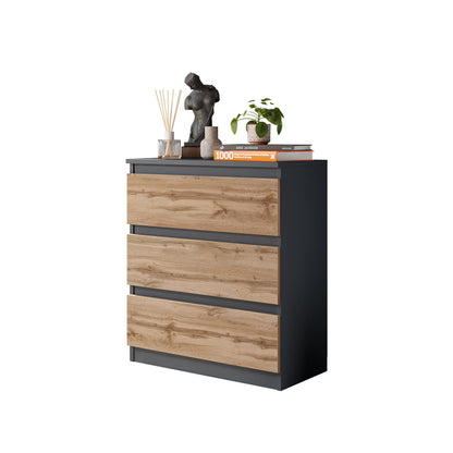 GABRIEL - Commode 3 Tiroirs - H72 cm L60 cm P33 cm (Anthracite / Chêne Wotan)