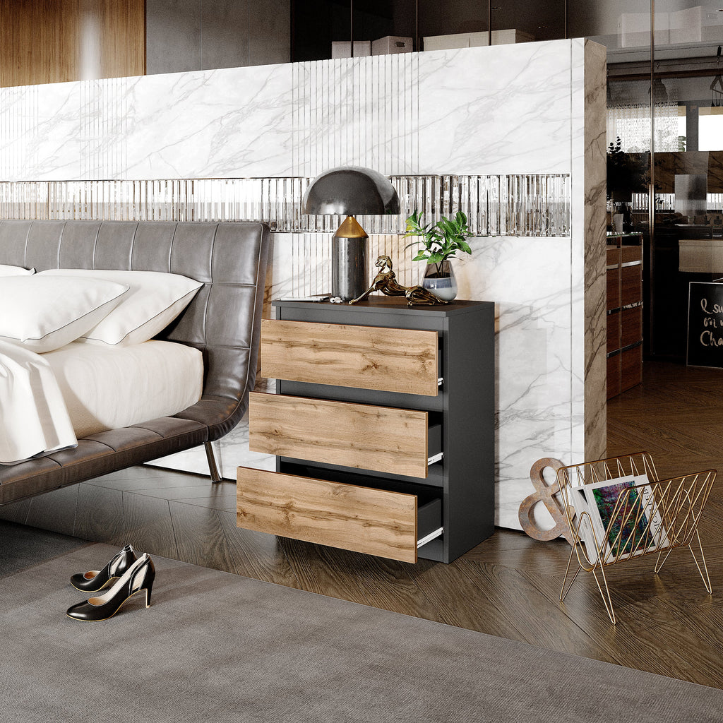 GABRIEL - Commode / Table de Chevet - 3 Tiroirs –  Anthracite / Chêne Wotan – H72cm L60cm P33cm