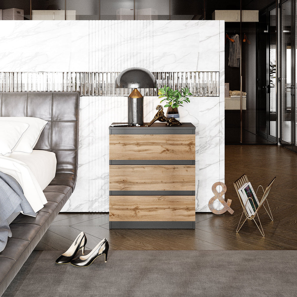 GABRIEL - Commode / Table de Chevet - 3 Tiroirs –  Anthracite / Chêne Wotan – H72cm L60cm P33cm