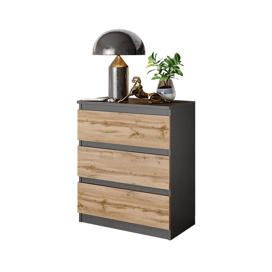 GABRIEL - Commode / Table de Chevet - 3 Tiroirs –  Anthracite / Chêne Wotan – H72cm L60cm P33cm