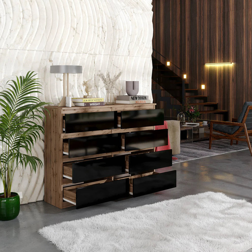 GABRIEL - Commode 8 Tiroirs - Buffet de Chevet - H92 cm L120 cm P33 cm (Chêne Wotan / Noir Brillant)