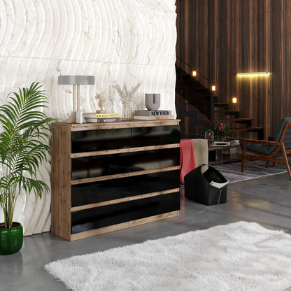 GABRIEL - Commode 8 Tiroirs - Buffet de Chevet - H92 cm L120 cm P33 cm (Chêne Wotan / Noir Brillant)