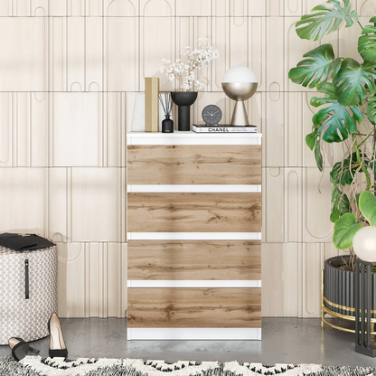 GABRIEL - Commode 4 Tiroirs - Table de Chevet Buffet - H92cm L60cm P33cm (Blanc / Chêne Wotan)