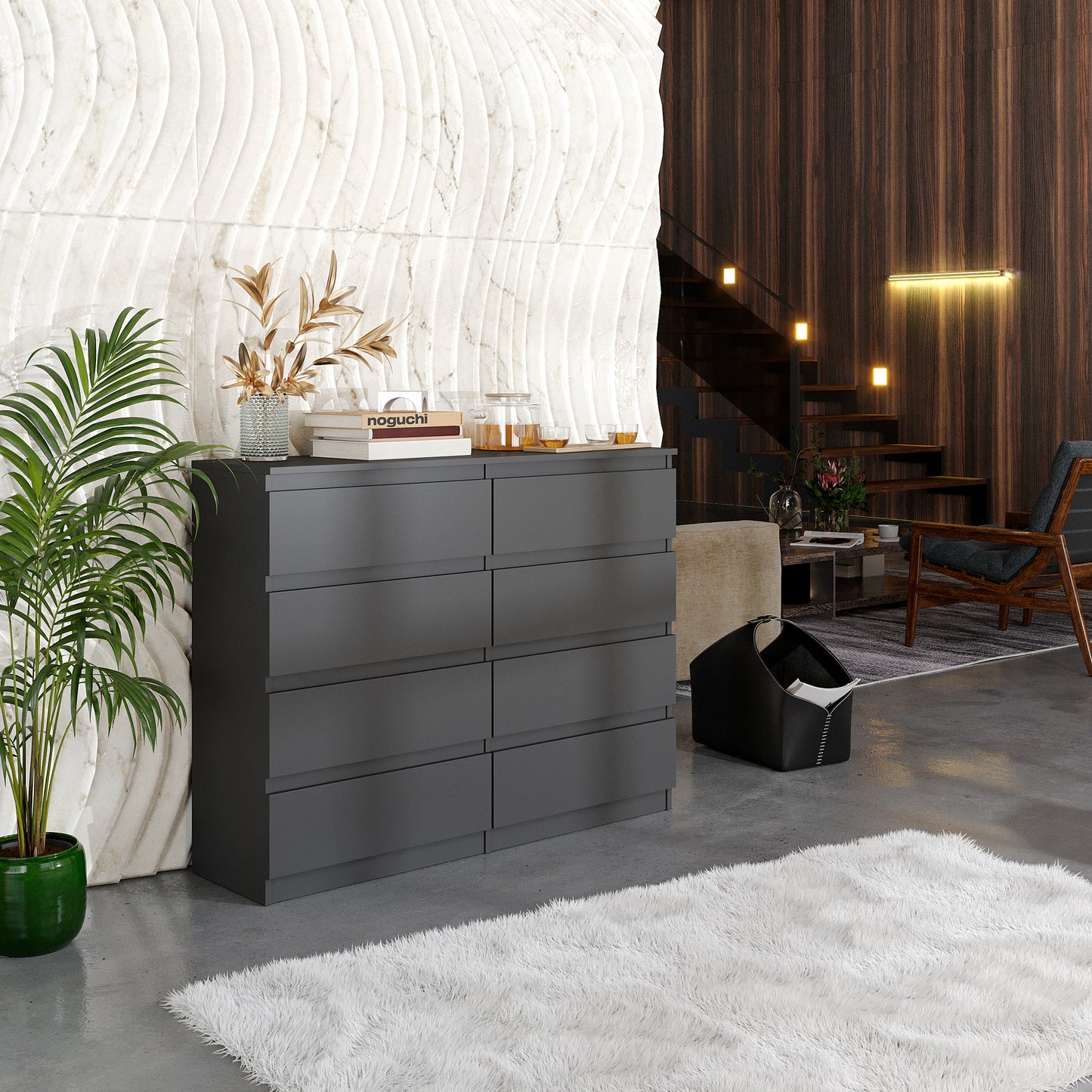 GABRIEL - Commode 8 Tiroirs - Buffet de Chevet - H92 cm L120 cm P33 cm (Anthracite)