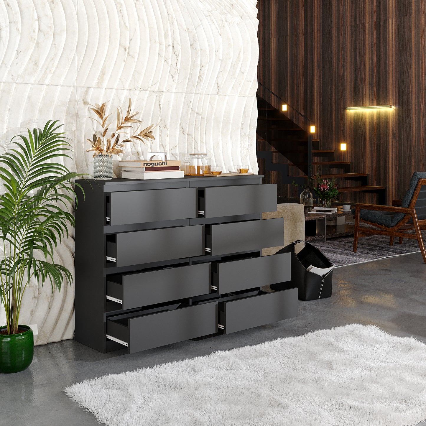 GABRIEL - Commode 8 Tiroirs - Buffet de Chevet - H92 cm L120 cm P33 cm (Anthracite)