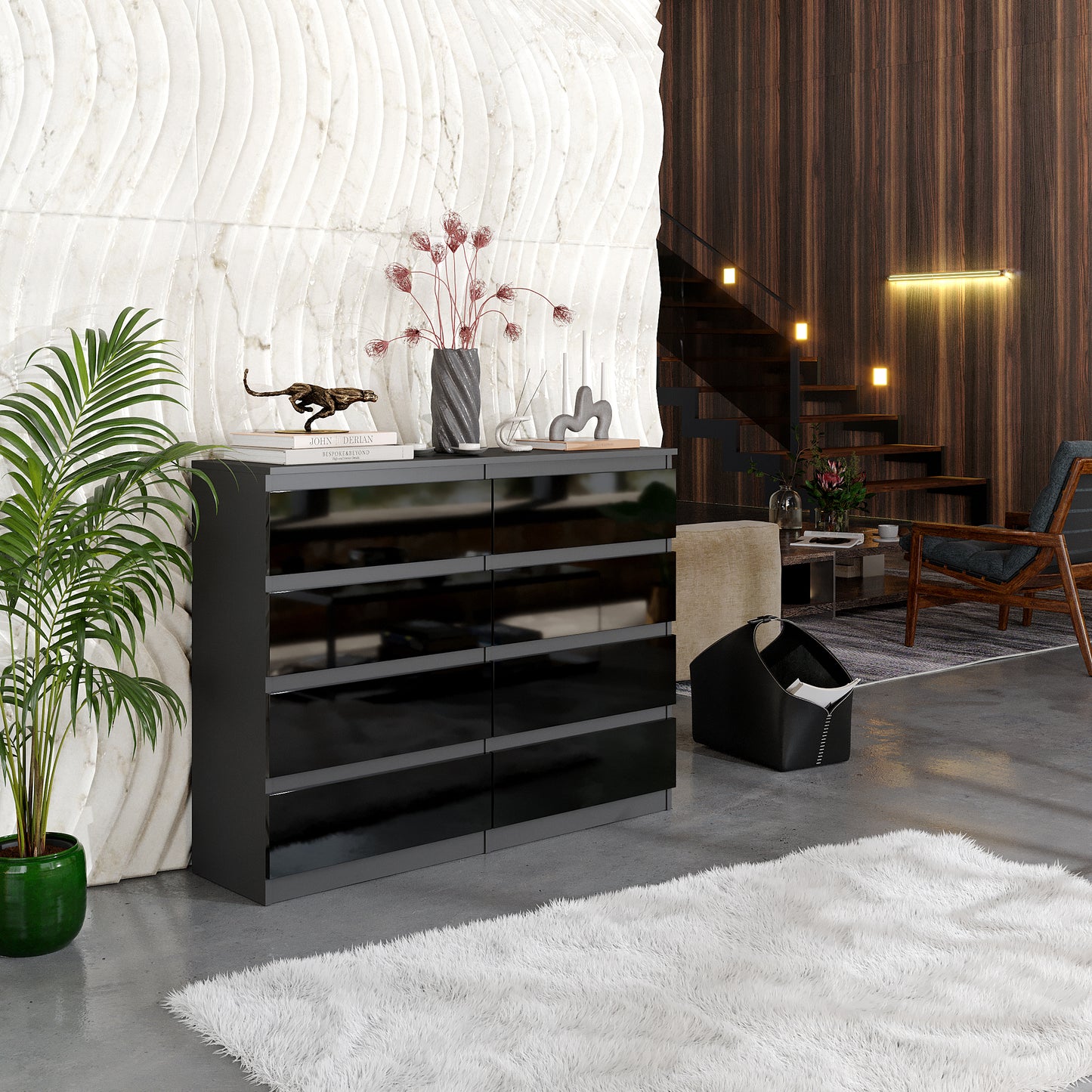 GABRIEL - Commode 8 Tiroirs - Buffet de Chevet - H92 cm L120 cm P33 cm (Anthracite / Noir Brillant)