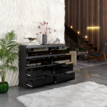 GABRIEL - Commode 8 Tiroirs - Buffet de Chevet - H92 cm L120 cm P33 cm (Anthracite / Noir Brillant)