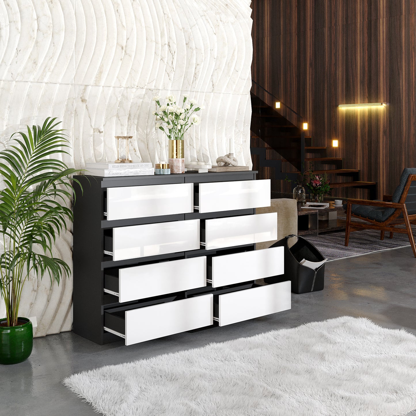 GABRIEL - Commode 8 Tiroirs - Buffet de Chevet - H92 cm L120 cm P33 cm (Anthracite / Blanc Brillant)