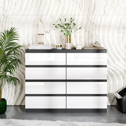 GABRIEL - Commode 8 Tiroirs - Buffet de Chevet - H92 cm L120 cm P33 cm (Anthracite / Blanc Brillant)