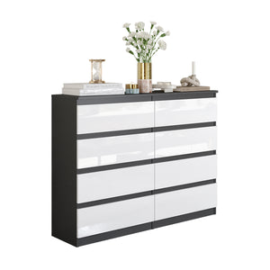 GABRIEL - Commode 8 Tiroirs - Buffet de Chevet - H92 cm L120 cm P33 cm (Anthracite / Blanc Brillant)