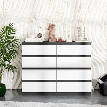 GABRIEL - Commode 8 Tiroirs - Buffet de Chevet - H92 cm L120 cm P33 cm (Anthracite / Blanc Matt)