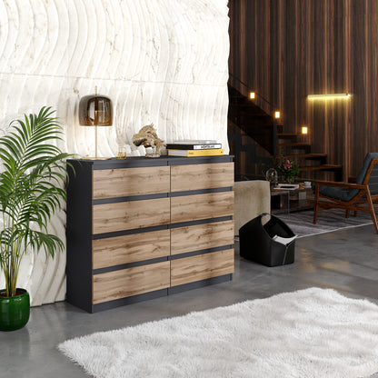 GABRIEL - Commode 8 Tiroirs - Buffet de Chevet - H92 cm L120 cm P33 cm (Anthracite / Chêne Wotan)