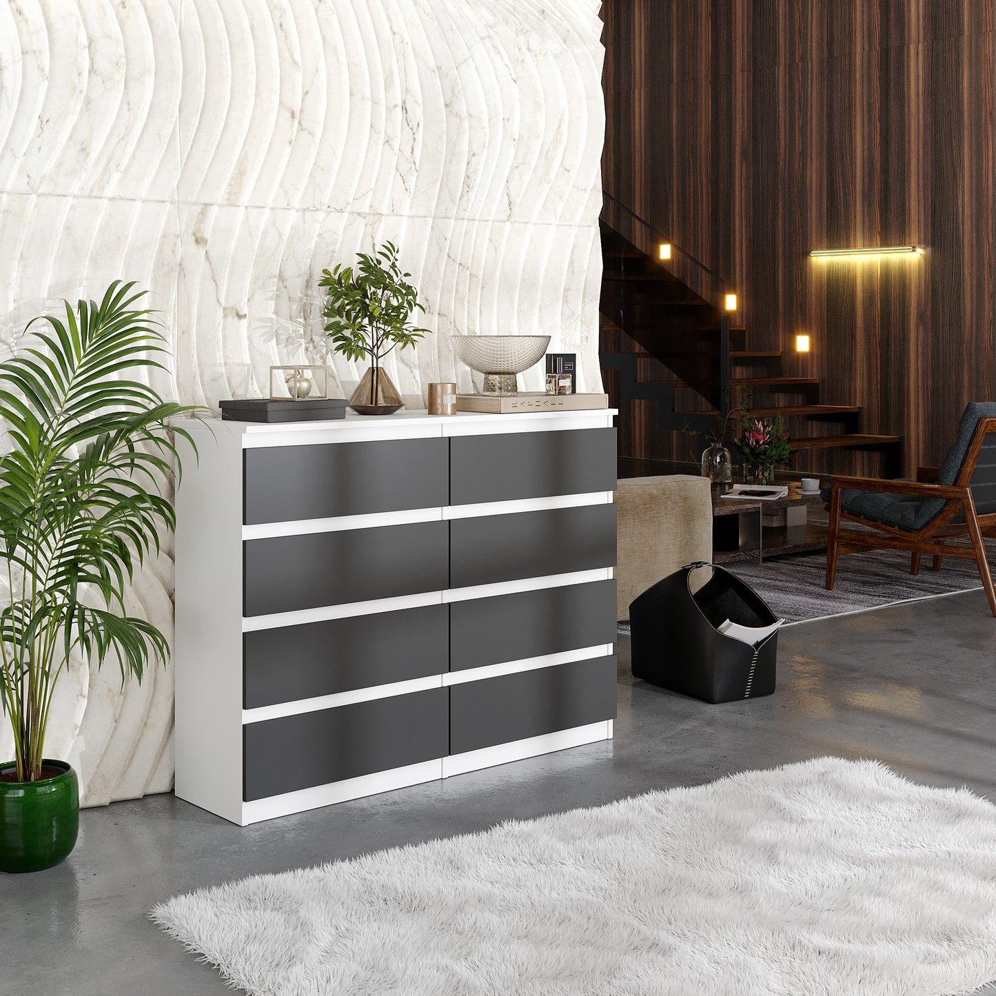 GABRIEL - Commode 8 Tiroirs - Buffet de Chevet - H92 cm L120 cm P33 cm (Blanc Matt / Anthracite)