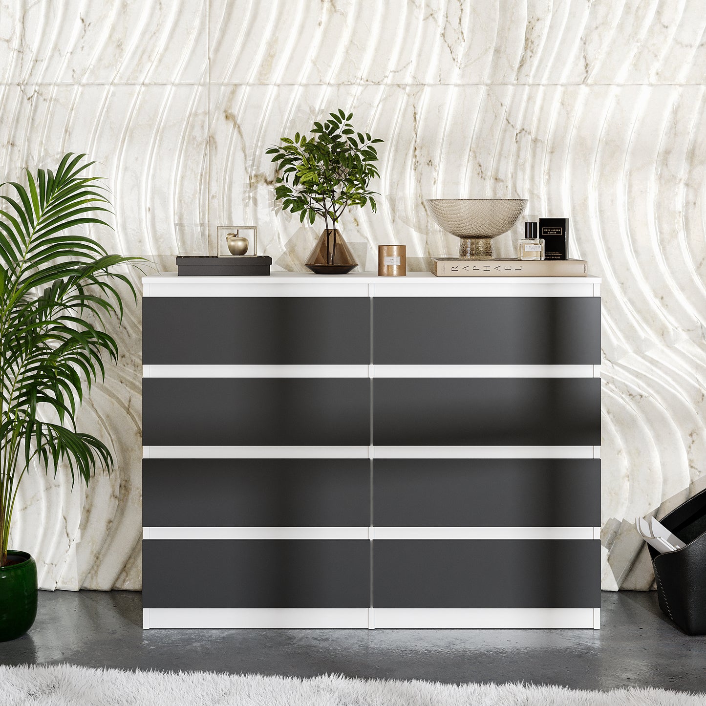 GABRIEL - Commode 8 Tiroirs - Buffet de Chevet - H92 cm L120 cm P33 cm (Blanc Matt / Anthracite)