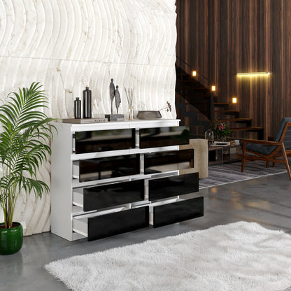 GABRIEL - Commode 8 Tiroirs - Buffet de Chevet - H92 cm L120 cm P33 cm (Blanc / Noir Brillant)