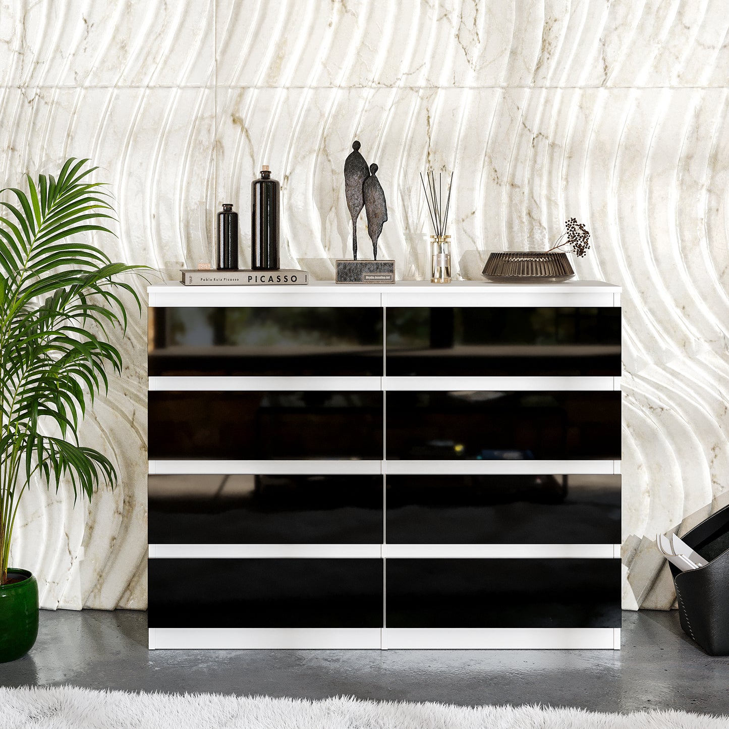 GABRIEL - Commode 8 Tiroirs - Buffet de Chevet - H92 cm L120 cm P33 cm (Blanc / Noir Brillant)