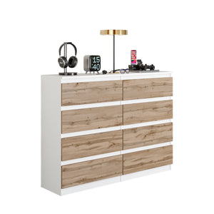 GABRIEL - Commode 8 Tiroirs - Buffet de Chevet - H92 cm L120 cm P33 cm (Blanc / Chêne Wotan)