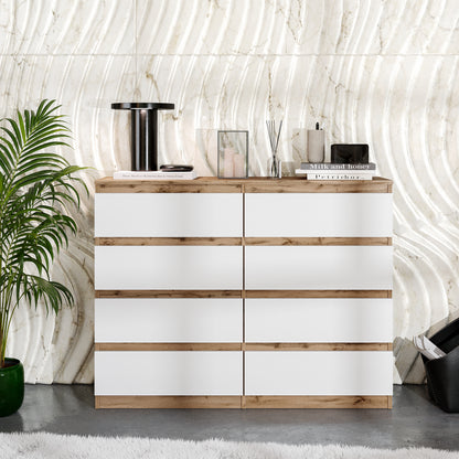 GABRIEL - Commode 8 Tiroirs - Buffet de Chevet - H92 cm L120 cm P33 cm (Chêne Wotan / Blanc Matt)