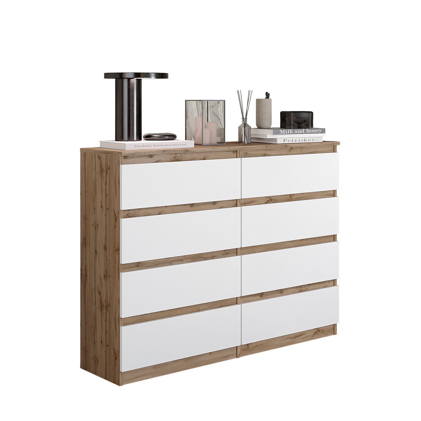 GABRIEL - Commode 8 Tiroirs - Buffet de Chevet - H92 cm L120 cm P33 cm (Chêne Wotan / Blanc Matt)
