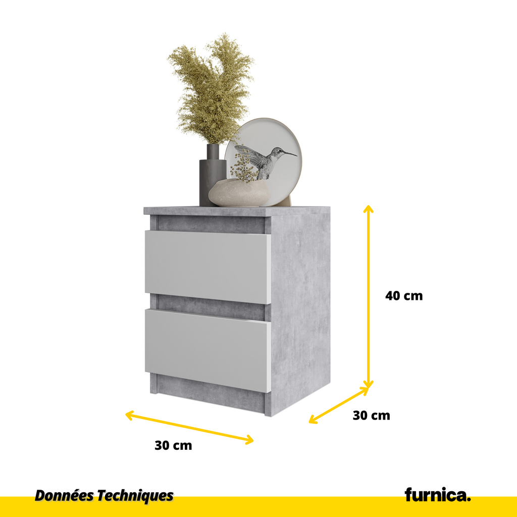 GABRIEL - Table de Chevet - Table de Nuit - 2 Tiroirs - H40cm L30cm P30cm (Béton/Blanc)