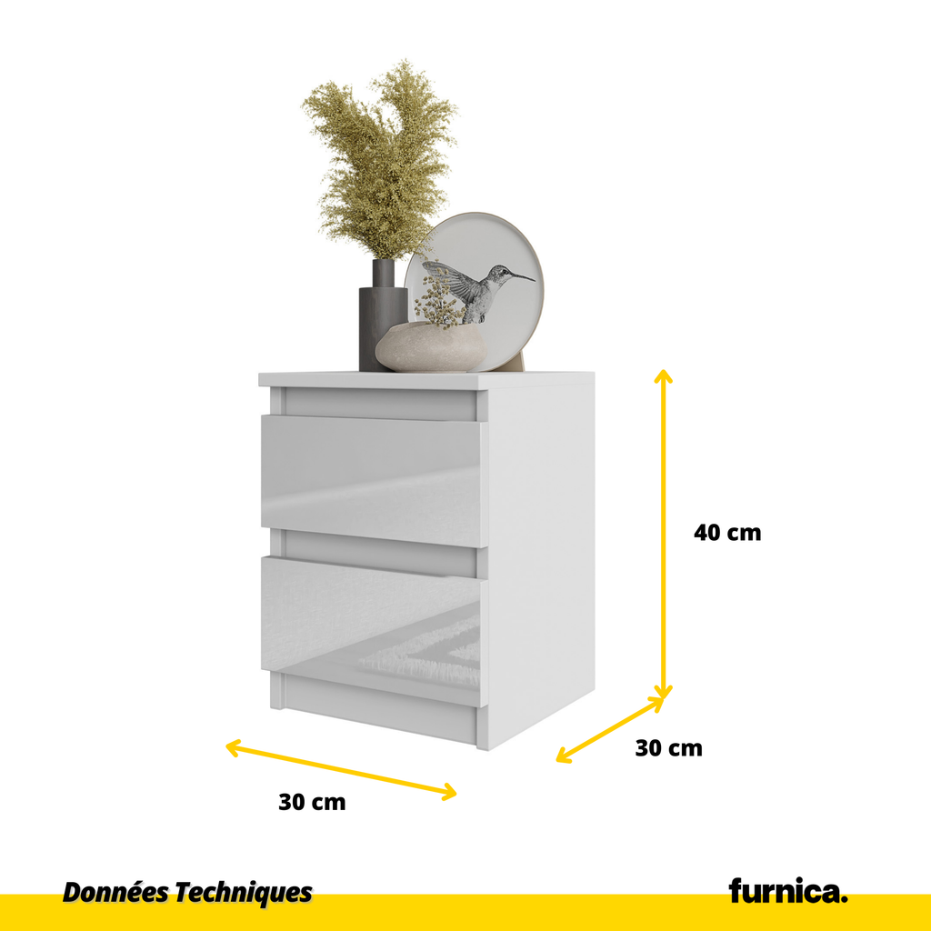 GABRIEL - Table de Chevet - Table de Nuit - 2 Tiroirs - H40cm L30cm P30cm (Blanc Matt/Blanc Brillant)