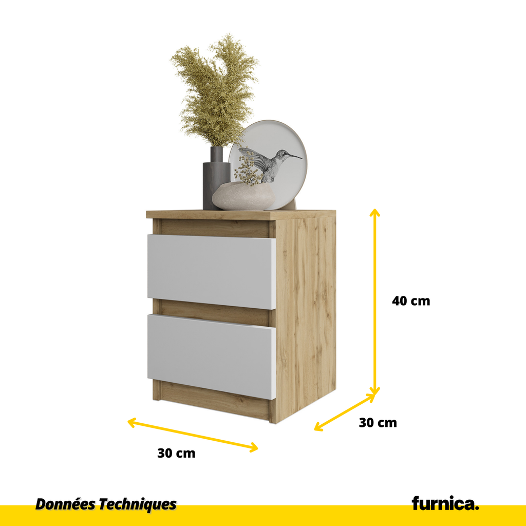 GABRIEL - Table de Chevet - Table de Nuit - 2 Tiroirs - H40cm L30cm P30cm (Chêne Wotan/Blanc Matt)