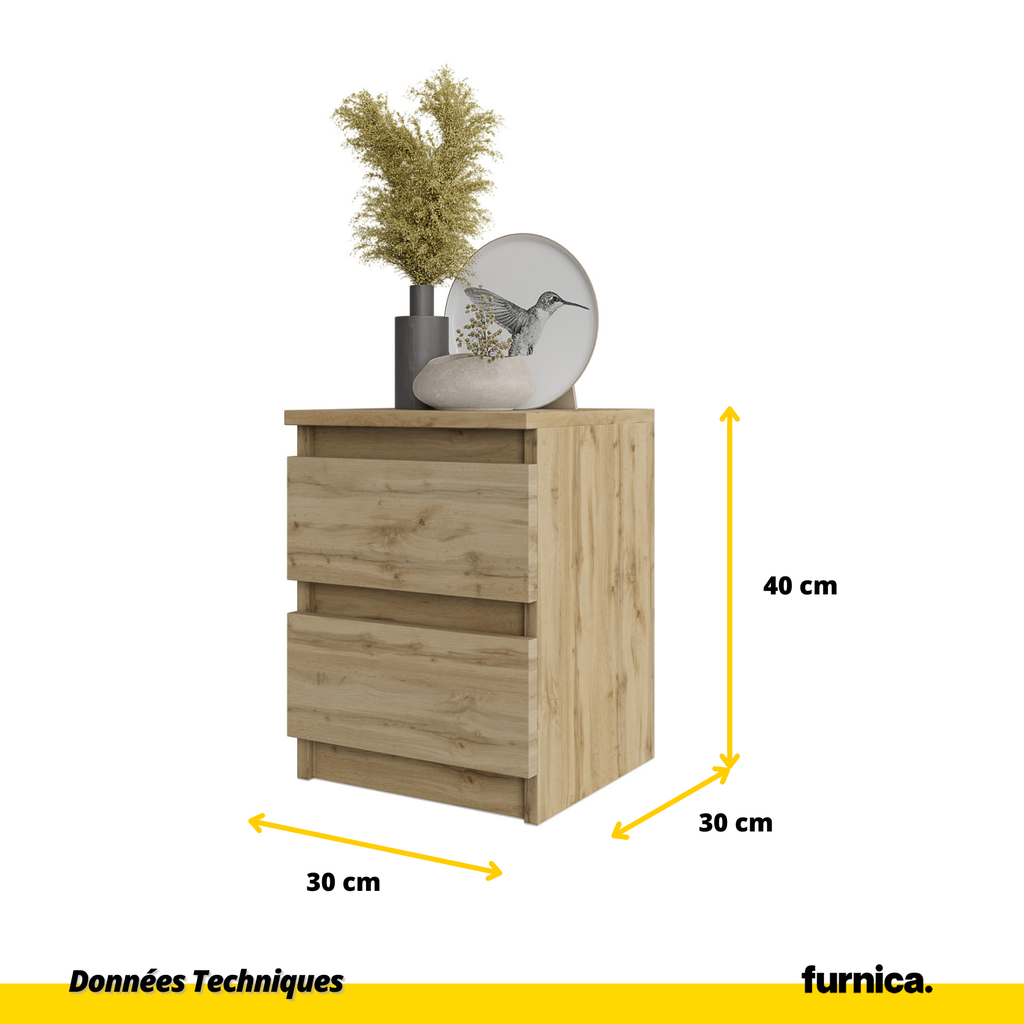 GABRIEL - Table de Chevet - Table de Nuit - 2 Tiroirs - H40cm L30cm P30cm (Chêne Wotan)
