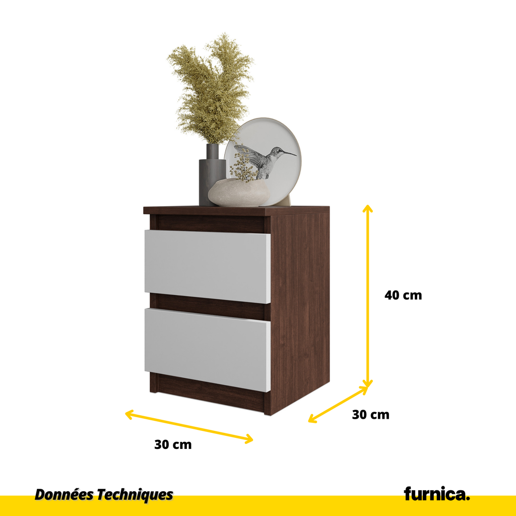 GABRIEL - Table de Chevet - Table de Nuit - 2 Tiroirs - H40cm L30cm P30cm (Wengé/Blanc)
