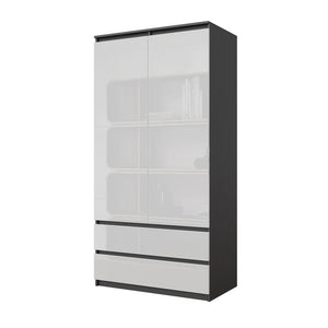 JOELLE - Armoire 2 Portes avec 2 Tiroirs - Anthracite / Blanc Brillant H180cm L90cm P50cm