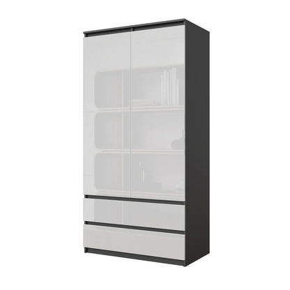 JOELLE - Armoire 2 Portes avec 2 Tiroirs - Anthracite / Blanc Brillant H180cm L90cm P50cm