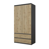 JOELLE - Armoire 2 Portes avec 2 Tiroirs - Anthracite / Chêne Wotan H180cm L90cm P50cm