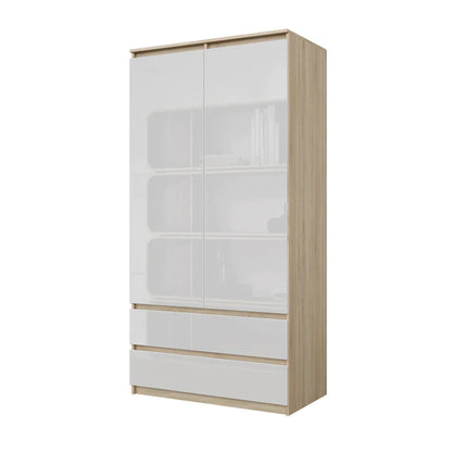 JOELLE - Armoire 2 Portes avec 2 Tiroirs - Chêne Sonoma / Blanc Brillant H180cm L90cm P50cm