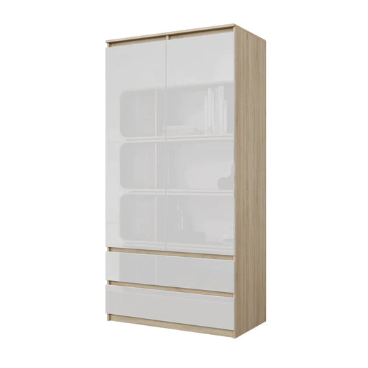 JOELLE - Armoire 2 Portes avec 2 Tiroirs - Chêne Sonoma / Blanc Brillant H180cm L90cm P50cm