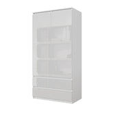 JOELLE - Armoire 2 Portes avec 2 Tiroirs - Blanc Matt / Blanc Brillant H180cm L90cm P50cm