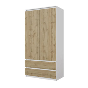 JOELLE - Armoire 2 Portes avec 2 Tiroirs - Blanc Matt / Chêne Wotan H180cm L90cm P50cm