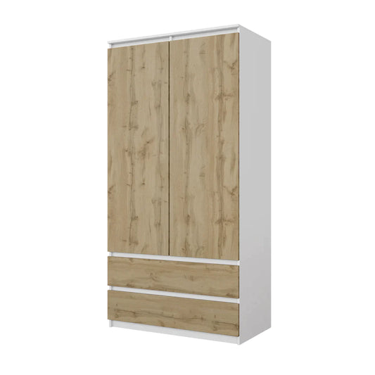 JOELLE - Armoire 2 Portes avec 2 Tiroirs - Blanc Matt / Chêne Wotan H180cm L90cm P50cm